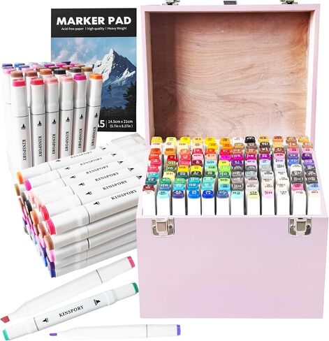 120 قطعة من أقلام تحديد الكحول من KINSPORY، علبة خشبية فاخرة، أقلام رسم فنية بيضاء مزدوجة الرأس، هدية للفنانين والأطفال البالغين - وردي in Kuwait