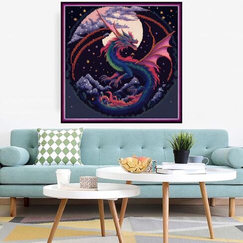 ريدكسينغ مجموعة تطريز بغرز متقاطعة مختومة للمبتدئين والبالغين، مجموعة كاملة من أنماط التطريز للمبتدئين، مجموعات الخياطة المتقاطعة، مجموعات ابر 11CT-Moon Dragon 17.7 × 17.7 انش in Kuwait