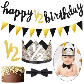Spakon Glitter Half Birthday 6 Months Happy Birthday Banner Set Happy 1/2 Birthday Baby Boy Girl 1/2 Half Year Cake Topper Triangle Flag Banner 1/2 Birthday Crown Hat Bow Tie (Black)