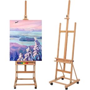 حامل حامل استوديو كبير على شكل حرف H من Somime يحمل قماشًا حتى 51 بوصة، حامل حامل أرضية من خشب الزان المائل مع صينية تخزين للفنان وأربع عجلات لعرض الأعمال الفنية in Kuwait