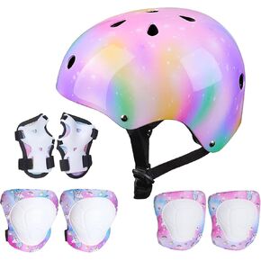 FIODAY Kids Helmet Knee Pads for Kids Unicorn Knee and Elbow Pads Wrist Guards Adjustable Protective Gear Set for Girls Boys Sports Skateboard Inline Skating Scooter, Rainbow, 3-8 Years