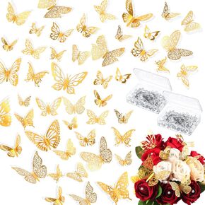 200 Pcs Rhinestone Bouquet Corsages Pins Crystal Diamond Head Straight Pins and 96 Pcs 3D Gold Butterfly Wall Decor 3 Sizes, Flower Bouquet Accessories for Wedding Mother's Day in Saudi Arabia