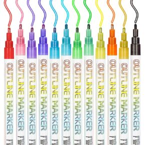 Double Line Glitter Outline Markers Set, 12 Shimmer Colors Pens for Adults Doodle, DIY Crafts Birthday Holiday Greeting Card, Art Supplies & Present for Women
