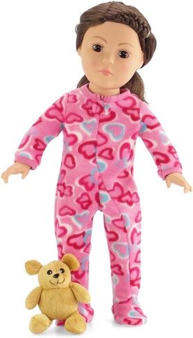 Emily Rose 18 Inch Doll Clothes Soft Footed Heart PJs Pajamas Toy Clothing Gift Set - Includes 18" Doll Sized Teddy Bear Accessory! | Gift Boxed! | Compatible with American Girl Dolls in Saudi Arabia