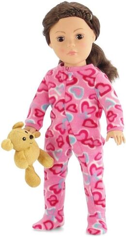 Emily Rose 18 Inch Doll Clothes Soft Footed Heart PJs Pajamas Toy Clothing Gift Set - Includes 18" Doll Sized Teddy Bear Accessory! | Gift Boxed! | Compatible with American Girl Dolls in Saudi Arabia