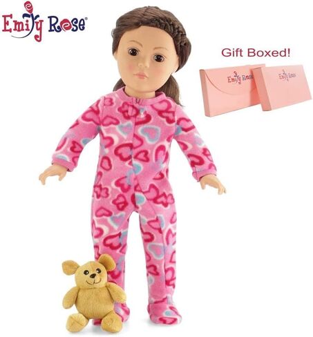 Emily Rose 18 Inch Doll Clothes Soft Footed Heart PJs Pajamas Toy Clothing Gift Set - Includes 18" Doll Sized Teddy Bear Accessory! | Gift Boxed! | Compatible with American Girl Dolls in Saudi Arabia