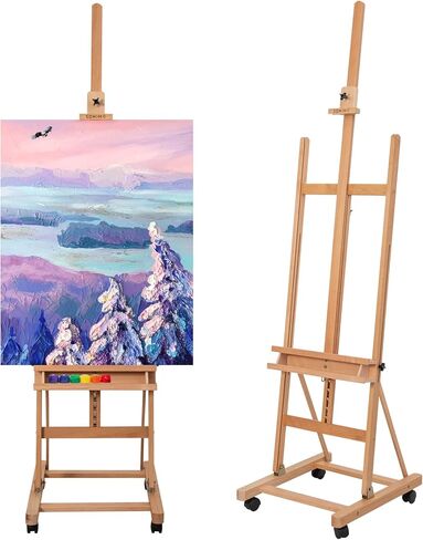 حامل حامل استوديو كبير على شكل حرف H من Somime يحمل قماشًا حتى 51 بوصة، حامل حامل أرضية من خشب الزان المائل مع صينية تخزين للفنان وأربع عجلات لعرض الأعمال الفنية in Kuwait