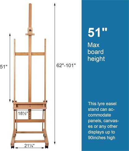 حامل حامل استوديو كبير على شكل حرف H من Somime يحمل قماشًا حتى 51 بوصة، حامل حامل أرضية من خشب الزان المائل مع صينية تخزين للفنان وأربع عجلات لعرض الأعمال الفنية in Kuwait