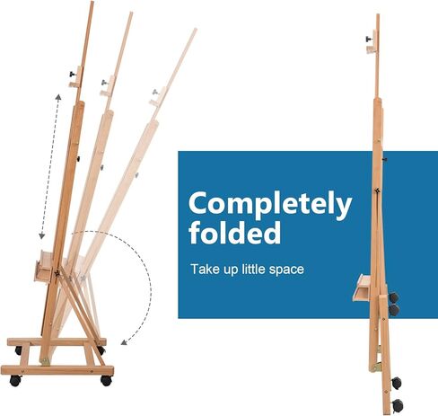 حامل حامل استوديو كبير على شكل حرف H من Somime يحمل قماشًا حتى 51 بوصة، حامل حامل أرضية من خشب الزان المائل مع صينية تخزين للفنان وأربع عجلات لعرض الأعمال الفنية in Kuwait