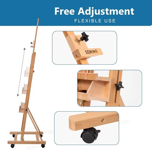 حامل حامل استوديو كبير على شكل حرف H من Somime يحمل قماشًا حتى 51 بوصة، حامل حامل أرضية من خشب الزان المائل مع صينية تخزين للفنان وأربع عجلات لعرض الأعمال الفنية in Kuwait