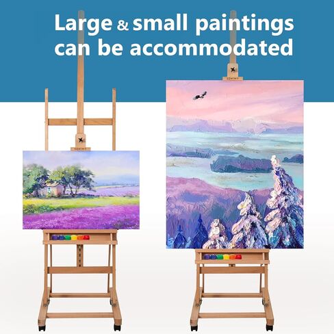 حامل حامل استوديو كبير على شكل حرف H من Somime يحمل قماشًا حتى 51 بوصة، حامل حامل أرضية من خشب الزان المائل مع صينية تخزين للفنان وأربع عجلات لعرض الأعمال الفنية in Kuwait