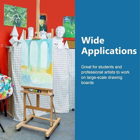 حامل حامل استوديو كبير على شكل حرف H من Somime يحمل قماشًا حتى 51 بوصة، حامل حامل أرضية من خشب الزان المائل مع صينية تخزين للفنان وأربع عجلات لعرض الأعمال الفنية in Kuwait