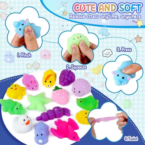 MZVUL 120 Pcs Mochi Squishy Toys Party Favors for Kids 4-12 - Kawaii Mini Squishies Animals Fruit Stress Relief Toy Bulk for Christmas Birthday Gift Classroom Prize Goodie Bag Stuffers(Random) in Kuwait