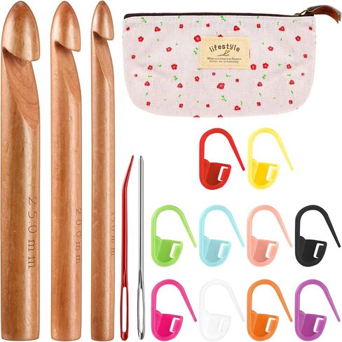 16 Pcs Large Crochet Hook Set 3 Pcs 25 mm 20 mm 15 mm Jumbo Wooden Crochet Hooks for Chunky Yarn 2 Big Eye Blunt Needles 10 Stitch Markers with Portable Case for Handcraft Crocheting in Saudi Arabia