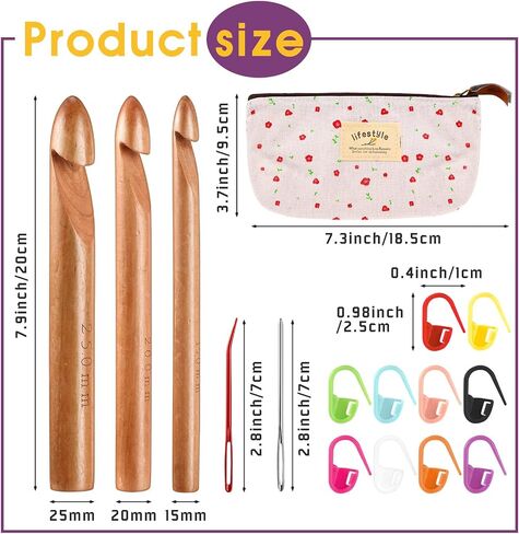 16 Pcs Large Crochet Hook Set 3 Pcs 25 mm 20 mm 15 mm Jumbo Wooden Crochet Hooks for Chunky Yarn 2 Big Eye Blunt Needles 10 Stitch Markers with Portable Case for Handcraft Crocheting in Saudi Arabia