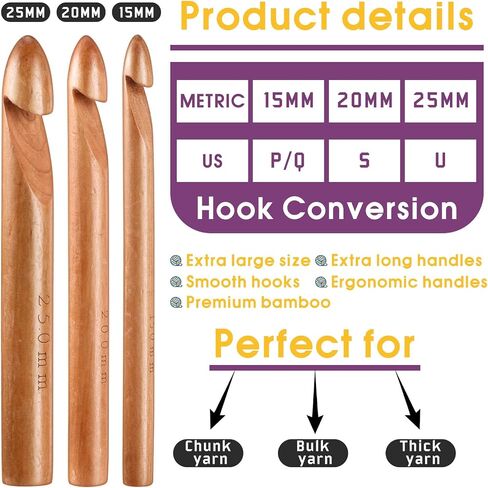 16 Pcs Large Crochet Hook Set 3 Pcs 25 mm 20 mm 15 mm Jumbo Wooden Crochet Hooks for Chunky Yarn 2 Big Eye Blunt Needles 10 Stitch Markers with Portable Case for Handcraft Crocheting in Saudi Arabia