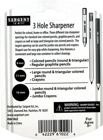 Sargent Art 3 Manual Hole Pencil Sharpeners - 3 Holes With Lid - Portable Colored Pencil Sharpener - Jumbo - Green - Easy Grip Oval Shape in Saudi Arabia