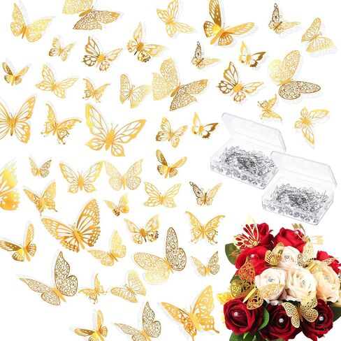 200 Pcs Rhinestone Bouquet Corsages Pins Crystal Diamond Head Straight Pins and 96 Pcs 3D Gold Butterfly Wall Decor 3 Sizes, Flower Bouquet Accessories for Wedding Mother's Day in Saudi Arabia