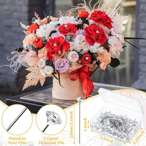 200 Pcs Rhinestone Bouquet Corsages Pins Crystal Diamond Head Straight Pins and 96 Pcs 3D Gold Butterfly Wall Decor 3 Sizes, Flower Bouquet Accessories for Wedding Mother's Day in Saudi Arabia