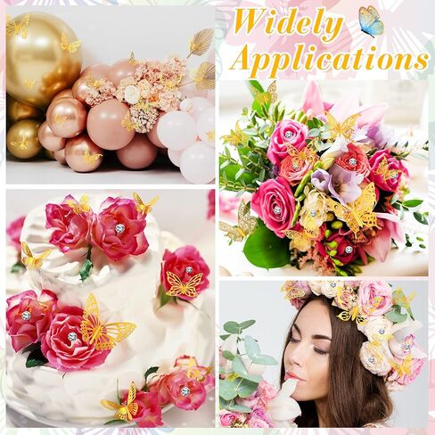 200 Pcs Rhinestone Bouquet Corsages Pins Crystal Diamond Head Straight Pins and 96 Pcs 3D Gold Butterfly Wall Decor 3 Sizes, Flower Bouquet Accessories for Wedding Mother's Day in Saudi Arabia