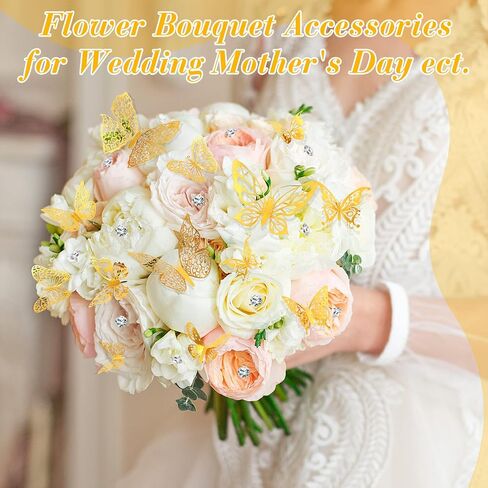 200 Pcs Rhinestone Bouquet Corsages Pins Crystal Diamond Head Straight Pins and 96 Pcs 3D Gold Butterfly Wall Decor 3 Sizes, Flower Bouquet Accessories for Wedding Mother's Day in Saudi Arabia