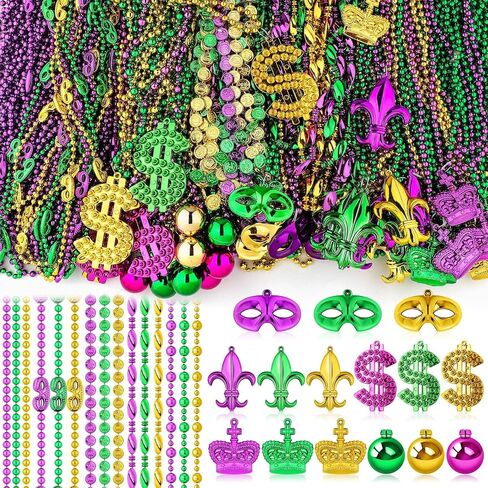 Huquary 249 Pcs Mardi Gras Bead Necklaces Bulk Carnival Decoration Necklace Purple Gold Green Party Necklace Costumes Accessory for Masquerade New Year Christmas St Patrick Day Halloween Parade in Saudi Arabia