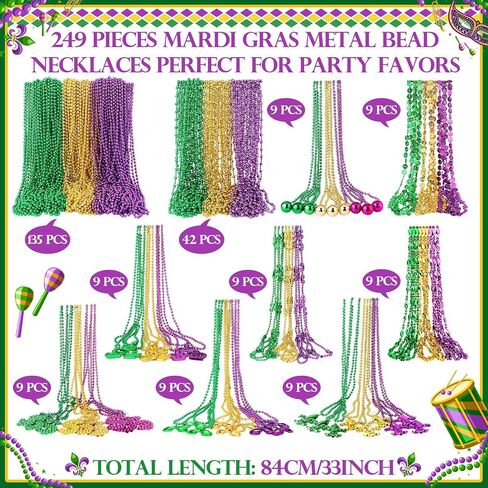 Huquary 249 Pcs Mardi Gras Bead Necklaces Bulk Carnival Decoration Necklace Purple Gold Green Party Necklace Costumes Accessory for Masquerade New Year Christmas St Patrick Day Halloween Parade in Saudi Arabia