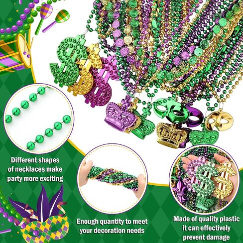 Huquary 249 Pcs Mardi Gras Bead Necklaces Bulk Carnival Decoration Necklace Purple Gold Green Party Necklace Costumes Accessory for Masquerade New Year Christmas St Patrick Day Halloween Parade in Saudi Arabia