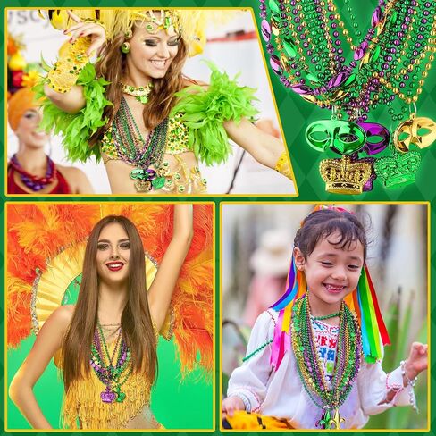 Huquary 249 Pcs Mardi Gras Bead Necklaces Bulk Carnival Decoration Necklace Purple Gold Green Party Necklace Costumes Accessory for Masquerade New Year Christmas St Patrick Day Halloween Parade in Saudi Arabia