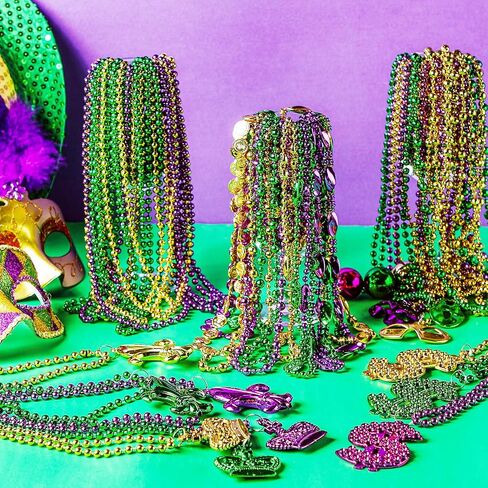 Huquary 249 Pcs Mardi Gras Bead Necklaces Bulk Carnival Decoration Necklace Purple Gold Green Party Necklace Costumes Accessory for Masquerade New Year Christmas St Patrick Day Halloween Parade in Saudi Arabia