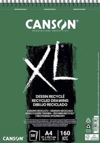 ورق رسم CANSON XL معاد تدويره 160 جرامًا للمتر المربع مقاس A5، حبيبات قرص العسل الدقيقة، جانب قصير من الوسادة الحلزونية، 25 ورقة بيضاء، مثالية للفنانين والرسامين المحترفين in Kuwait