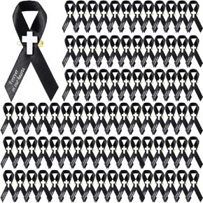 100 Pcs Cross Funeral Ribbons Memorial Ribbon Memorial Service Respect Ribbon Bow with Safety Pin for Mourning(Black)