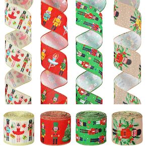 glitinse 40 ياردة عيد الميلاد كسارات البندق شرائط سلكية 2.5 بوصة 4 لفات كسارة البندق الشريط شرائط موسمية الزخرفية لإكليل شجرة إكليل سلة الأقواس هدية التفاف DIY ديكور عطلة الشتاء، 4 أنماط in Kuwait