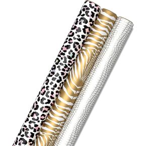 Hallmark Animal Print Wrapping Paper with Cut Lines on Reverse (3-Pack: 85 sq. ft. ttl - Gold Zebra, Silver Alligator, Black Holographic Leopard Print) for Birthdays, Valentine's Day, Mother's Day