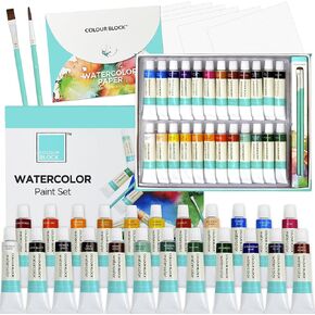 COLOUR BLOCK 32 Ultimate Watercolor Paint Set for Adults and Artists, Contains 24 Vibrant Colors, 2 Brushes, 6 Sheets Watercolor Paper, Perfect for School Supplies in Kuwait
