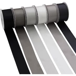 Black White Silver Gray Ribbon 1" Double Face Satin Ribbon for Holiday Day Gift Wrapping DIY Bow DIY Crafts, 6 Colors 5 Yard Each Total 30 Yds Per Package