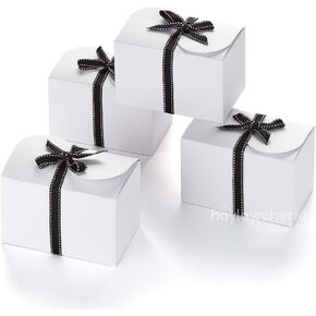 Black Kraft Treat Boxes with White & Gold Ribbons, 20 Pack, 6.5 x 4 x 4 Inches, Thick 400gsm Card for Favors, Gifts, Christmas, Birthdays, Weddings, Groomsmen, Parties