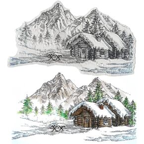 ALIBBON Christmas Moutain House Clear Stamps for Card Making and Photo Album Decorations, Snow Scenery Background Transparent Silicone Clear Stamps for Crafting and DIY Scrapbooking