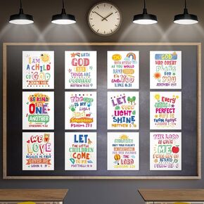 12 Pcs Bible Verse Posters for Kids Colorful Rainbow Christian Wall Art Poster Inspirational Religious Scripture God Wall Poster Decor for Classroom Church School Christian Scripture Home (White)