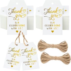 jijAcraft Thank You for Celebrating with Us Tag,100 Pcs Black Gold Wedding Favors Tags, High-end Metallic Gold Baby Shower Tags with String, Thank You Paper Gift Tags for Wedding Favors,Baby Shower