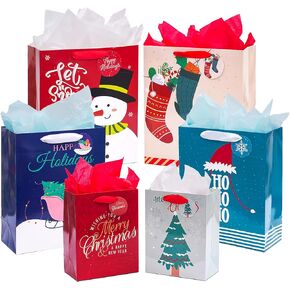 نيهوكني 12 عبوة من اكياس هدايا الكريسماس باحجام متنوعة مع مقابض، اكياس هدايا الكريسماس مع مناديل ورقية لهدايا العطلات والعائلة والحفلات المدرسية وغيرها (4 XL 15 انش، 4 L 13 انش، 4 M 9 انش) in Kuwait
