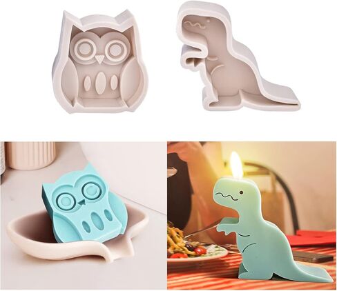 قطعتان من قوالب الشموع لصنع الشموع، قوالب شموع من السيليكون على شكل ديناصور لطين الشمع الجص، قالب الصابون، ديكور المنزل على شكل بومة، قوالب إيبوكسي من الراتنج in Kuwait