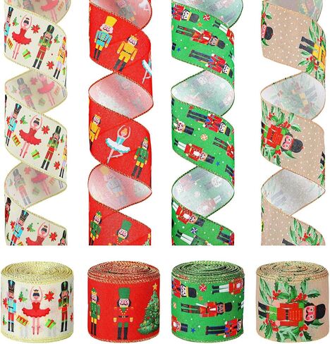 glitinse 40 ياردة عيد الميلاد كسارات البندق شرائط سلكية 2.5 بوصة 4 لفات كسارة البندق الشريط شرائط موسمية الزخرفية لإكليل شجرة إكليل سلة الأقواس هدية التفاف DIY ديكور عطلة الشتاء، 4 أنماط in Kuwait