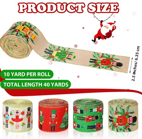 glitinse 40 ياردة عيد الميلاد كسارات البندق شرائط سلكية 2.5 بوصة 4 لفات كسارة البندق الشريط شرائط موسمية الزخرفية لإكليل شجرة إكليل سلة الأقواس هدية التفاف DIY ديكور عطلة الشتاء، 4 أنماط in Kuwait
