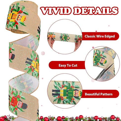 glitinse 40 ياردة عيد الميلاد كسارات البندق شرائط سلكية 2.5 بوصة 4 لفات كسارة البندق الشريط شرائط موسمية الزخرفية لإكليل شجرة إكليل سلة الأقواس هدية التفاف DIY ديكور عطلة الشتاء، 4 أنماط in Kuwait