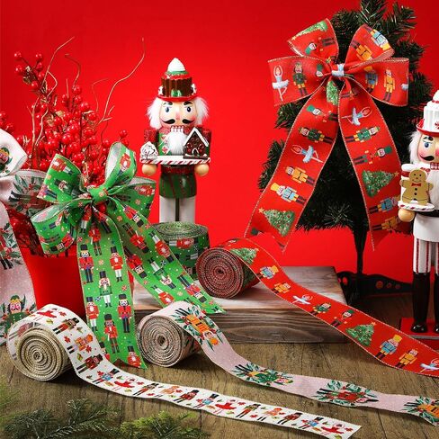 glitinse 40 ياردة عيد الميلاد كسارات البندق شرائط سلكية 2.5 بوصة 4 لفات كسارة البندق الشريط شرائط موسمية الزخرفية لإكليل شجرة إكليل سلة الأقواس هدية التفاف DIY ديكور عطلة الشتاء، 4 أنماط in Kuwait