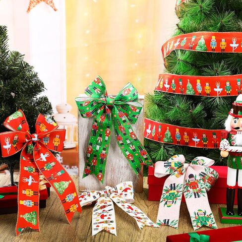 glitinse 40 ياردة عيد الميلاد كسارات البندق شرائط سلكية 2.5 بوصة 4 لفات كسارة البندق الشريط شرائط موسمية الزخرفية لإكليل شجرة إكليل سلة الأقواس هدية التفاف DIY ديكور عطلة الشتاء، 4 أنماط in Kuwait