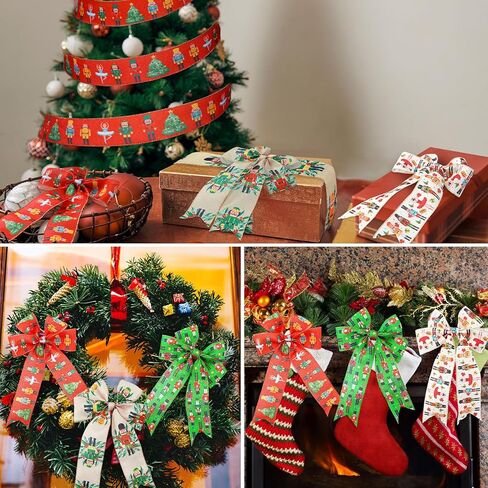 glitinse 40 ياردة عيد الميلاد كسارات البندق شرائط سلكية 2.5 بوصة 4 لفات كسارة البندق الشريط شرائط موسمية الزخرفية لإكليل شجرة إكليل سلة الأقواس هدية التفاف DIY ديكور عطلة الشتاء، 4 أنماط in Kuwait