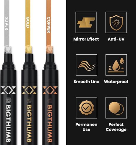 BIGTHUMB 6Pcs Liquid Chrome Paint Markers, Dual Tips DIY Mirror Marker Pen, Oil-based Permanent Chrome Maker, Reflective Waterproof Gloss Metallic Markers for Repairing, Model Painting Art Projects in Kuwait