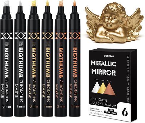 BIGTHUMB 6Pcs Liquid Chrome Paint Markers, Dual Tips DIY Mirror Marker Pen, Oil-based Permanent Chrome Maker, Reflective Waterproof Gloss Metallic Markers for Repairing, Model Painting Art Projects in Kuwait